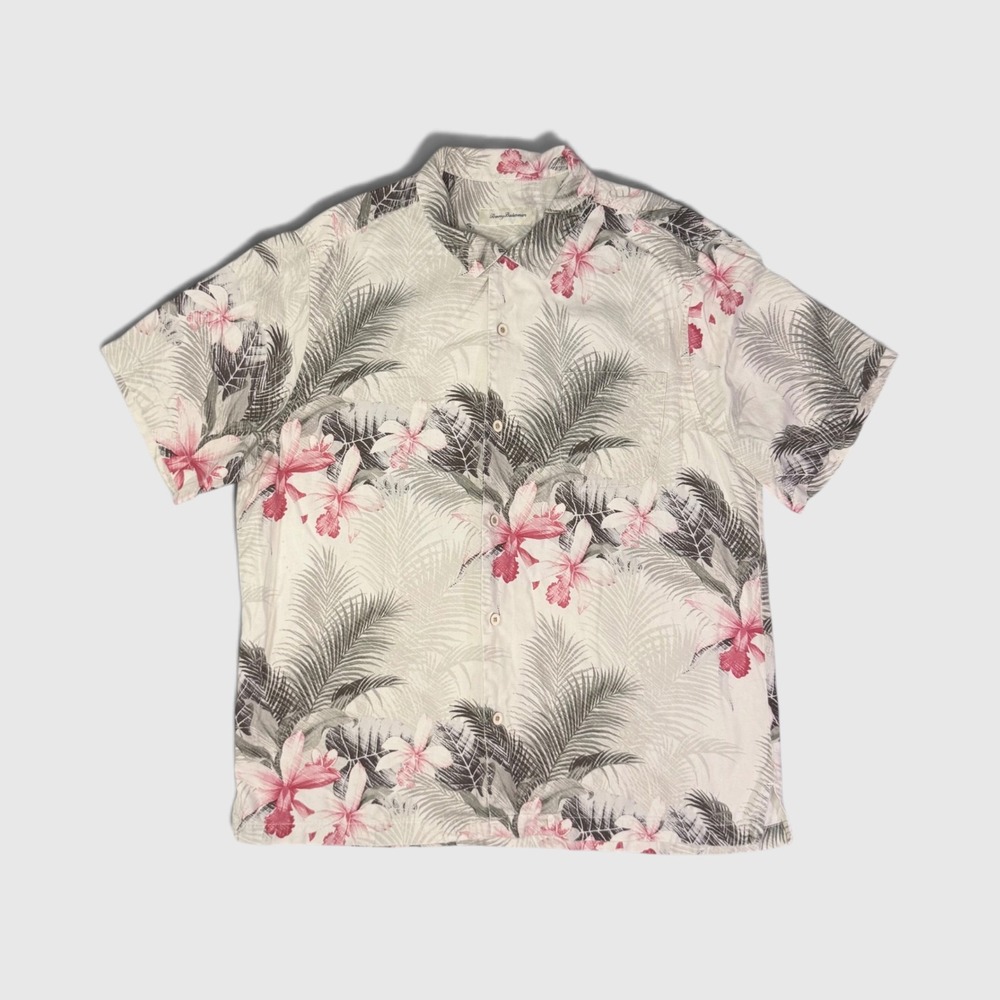 Tommy Bahama Short Sleeve 100%Silk Hawaiian Floral Shirt - Men's - XL - Tan/Pink